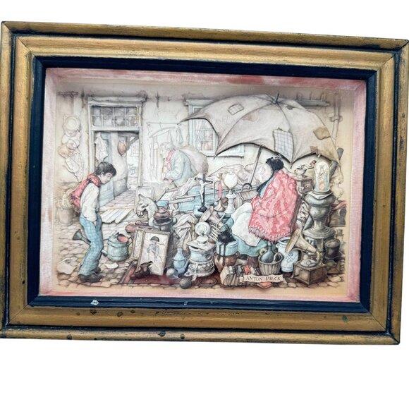 1966 Anton Pieck 3D Shadow Box Diorama "Flea Market" Framed Art Vintage - Picture 1 of 13